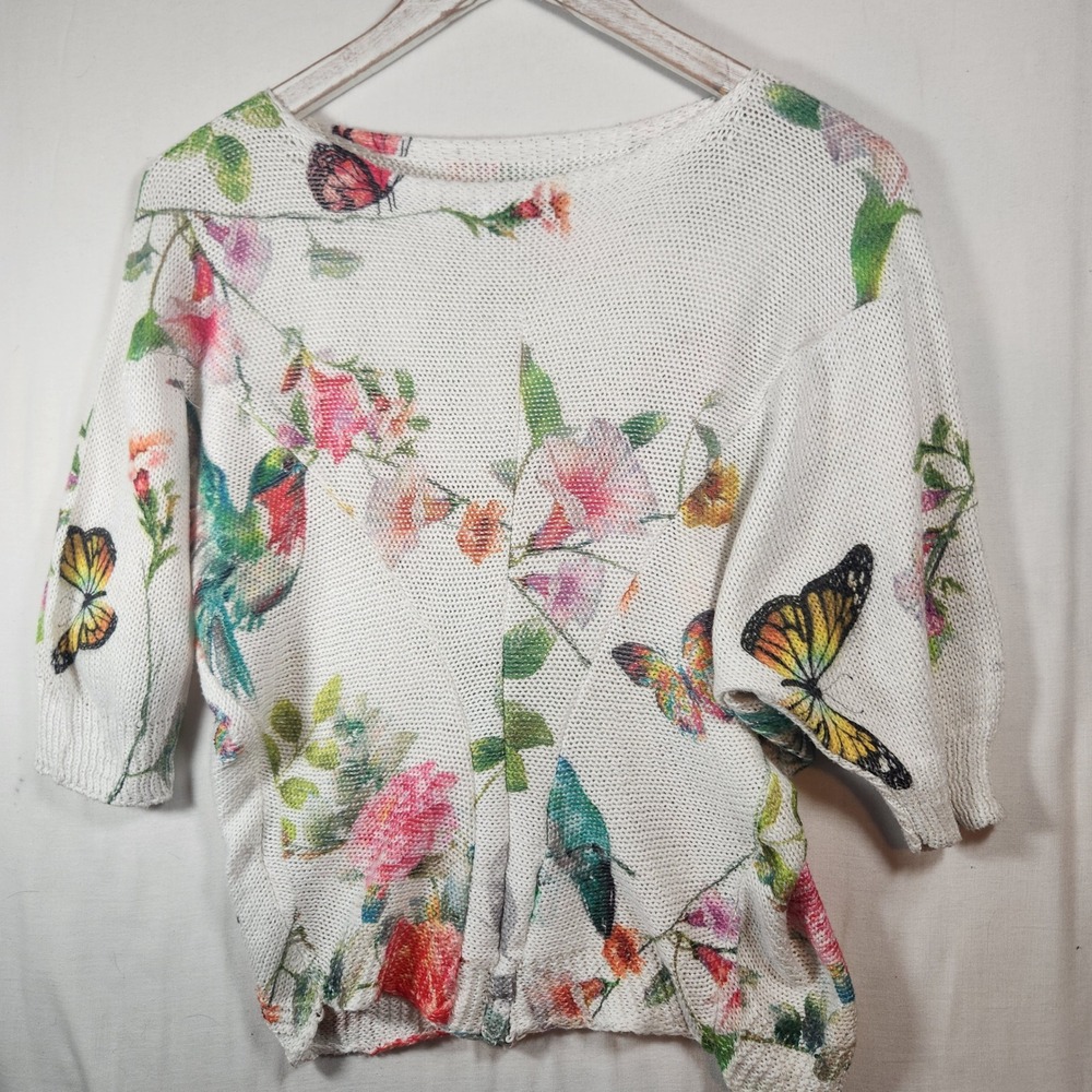 Luisa Ricci Italy Butterfly Hummingbird Floral Knit Sweater White Small